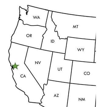 A map of the western United States with a green star marking the location of Port Chicago in northern California near the coast