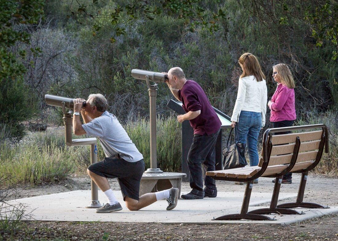 Visitors look for condors and rock spires through viewing scopes