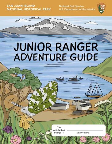 The colorful cover of the Junior Ranger Adventure Guide, including mountains, ocean, a ship, orcas, trees, and the island marble butterfly